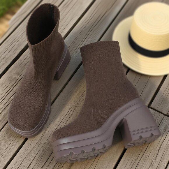 ⚡Women Brown Knit Square Toe Stretch Soft Block High Heel Punk Dress Sock Boots - Picture 5 of 6